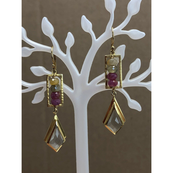 SATYA Sterling Silver Vermeil Gold Tone Agate Dangle Drop Hook Pierced Earrings - Picture 2 of 11